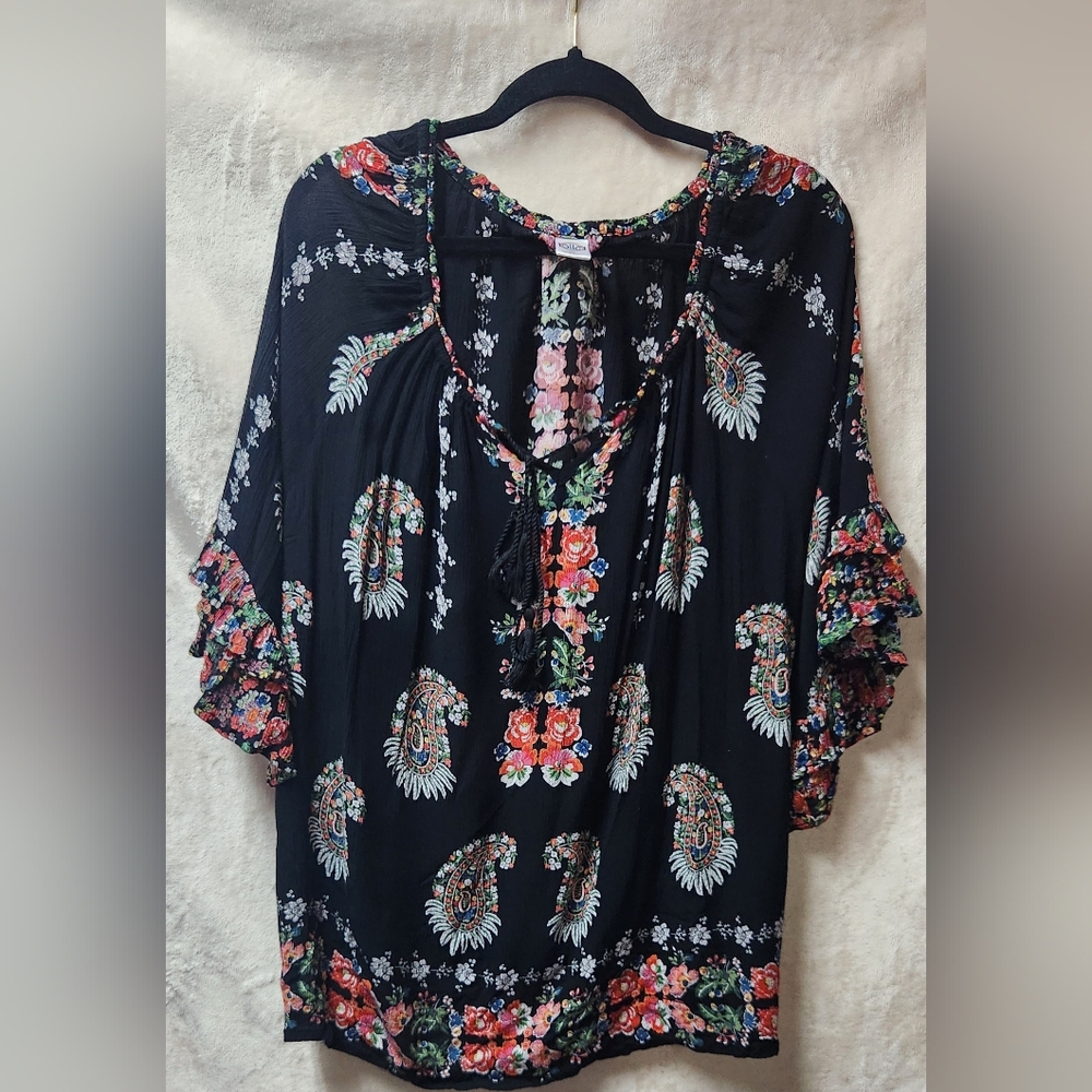 Bila Blue and White Flutter Sleeve Boho Blouse with Ruffled Tie Front